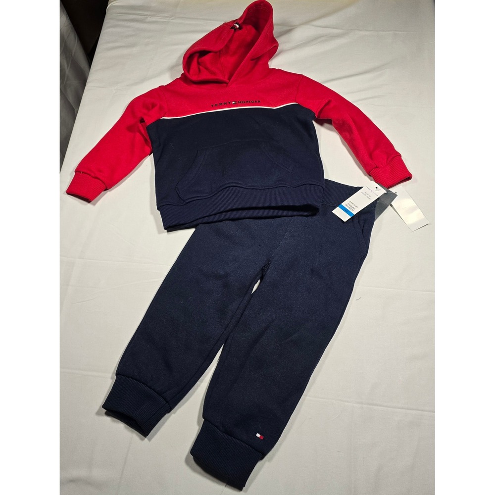 Tommy Hilfiger 24MO Boys 2-Piece Fleece Hoodie and Jogger Set Red Navy 24M